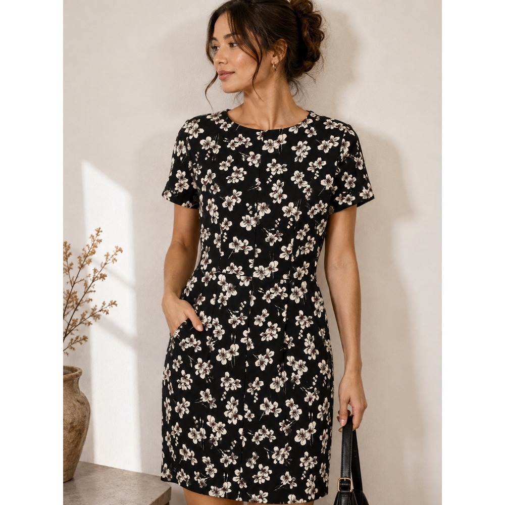 New LOFT Shift Dress Womens 8 Black White Floral Pockets Mod Office Cottagecore